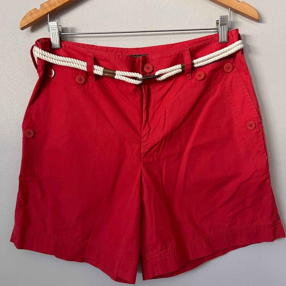 Lauren Ralph Lauren Shorts Women 8 Red Nautical Sailor Rope Belt Cotton Chino‎